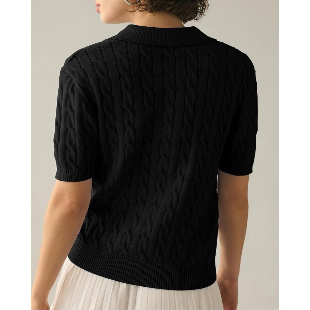 Women's Cable Short Sleeve Sweaters Tops Solid Lapel V Neck Knit Casual - Picture 3 of 4